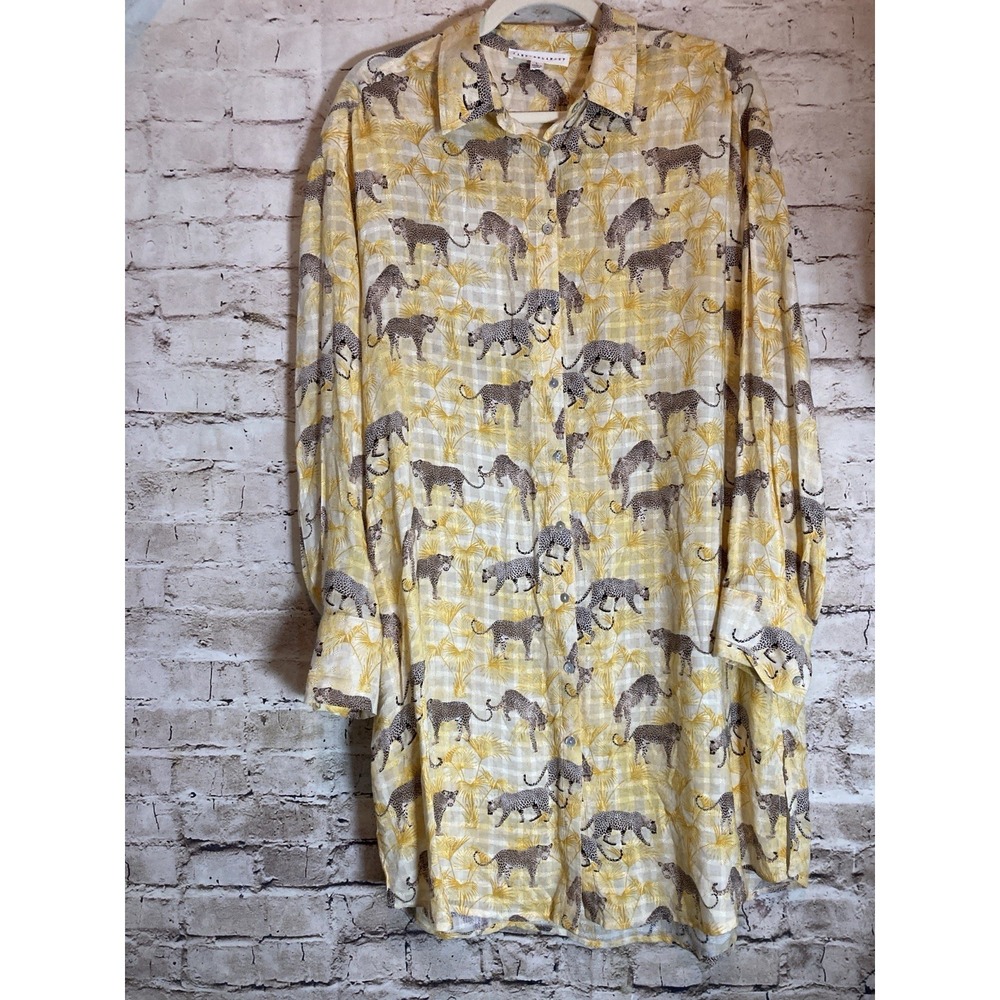 Jane & Delancey Cheetah Top Large Oversized Button Up Yellow Safari Jungle
